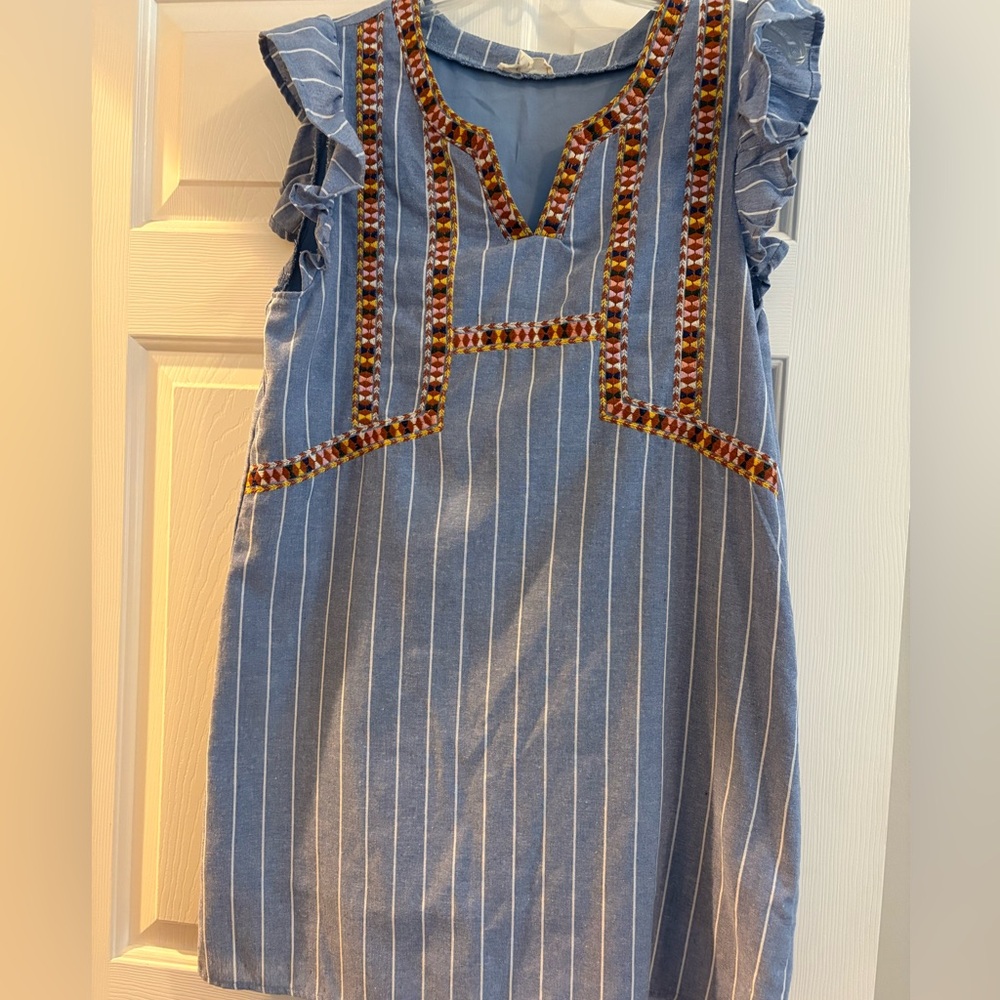 entro Blue and White Pinstripe Mini Dress with Embroidered Trim